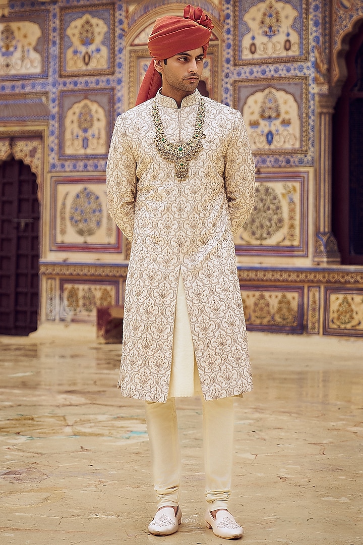 Light Beige Raw Silk Bead & Dabka Embroidered Groom Sherwani Set by NITIKA GUJRAL MEN at Pernia's Pop Up Shop