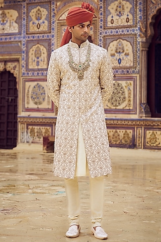 Light Beige Raw Silk Bead & Dabka Embroidered Sherwani Set by NITIKA GUJRAL MEN