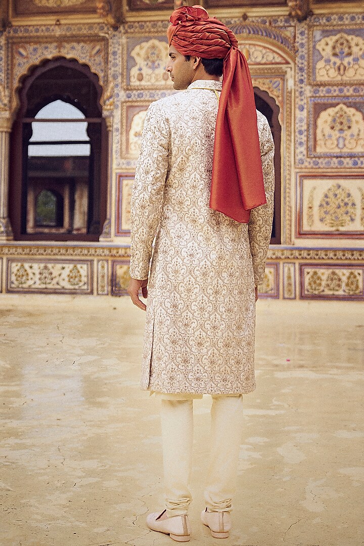 Light Beige Raw Silk Bead & Dabka Embroidered Groom Sherwani Set by NITIKA GUJRAL MEN at Pernia's Pop Up Shop