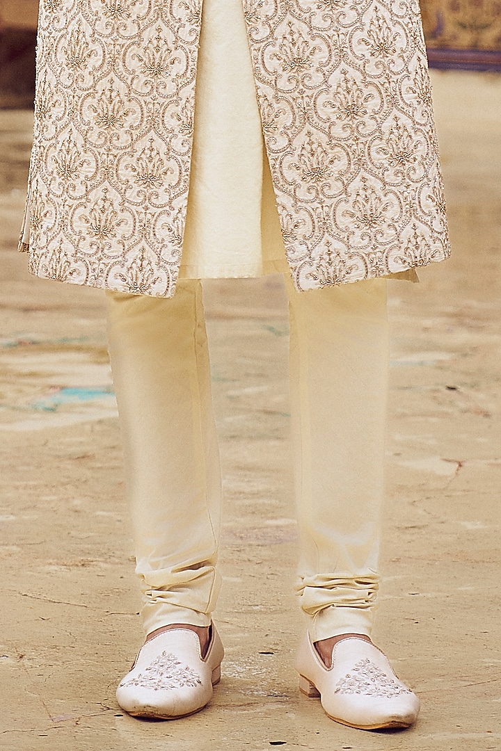 Light Beige Raw Silk Bead & Dabka Embroidered Groom Sherwani Set by NITIKA GUJRAL MEN at Pernia's Pop Up Shop
