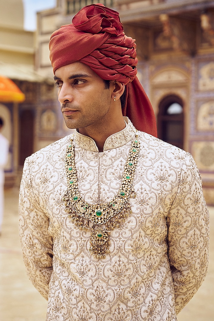 Light Beige Raw Silk Bead & Dabka Embroidered Groom Sherwani Set by NITIKA GUJRAL MEN at Pernia's Pop Up Shop