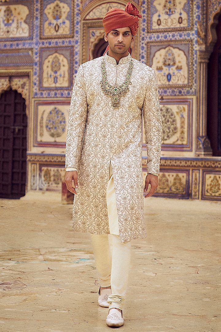 Light Beige Raw Silk Bead & Dabka Embroidered Groom Sherwani Set by NITIKA GUJRAL MEN at Pernia's Pop Up Shop