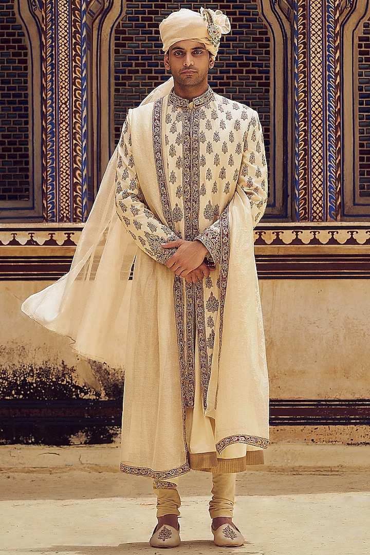 Light Beige Raw Silk Applique & Zardosi Embroidered Sherwani Set by NITIKA GUJRAL MEN