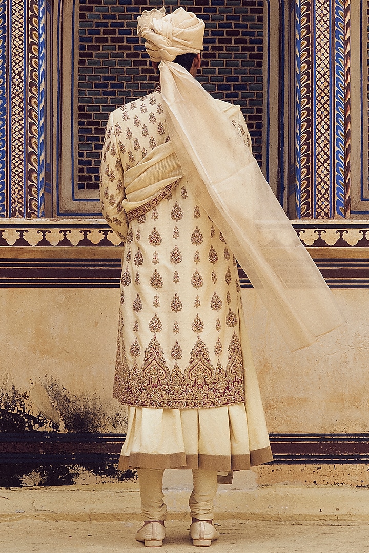 Light Beige Raw Silk Applique & Zardosi Embroidered Groom Sherwani Set by NITIKA GUJRAL MEN at Pernia's Pop Up Shop
