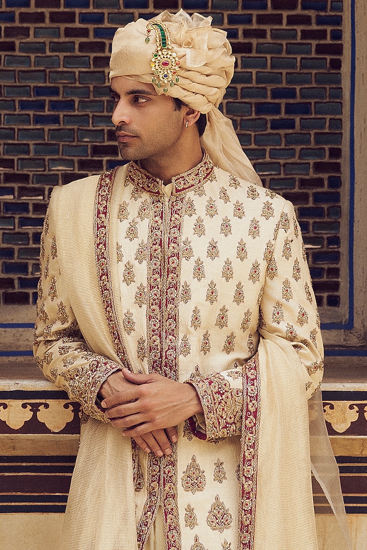 Light Beige Raw Silk Applique & Zardosi Embroidered Groom Sherwani Set by NITIKA GUJRAL MEN at Pernia's Pop Up Shop