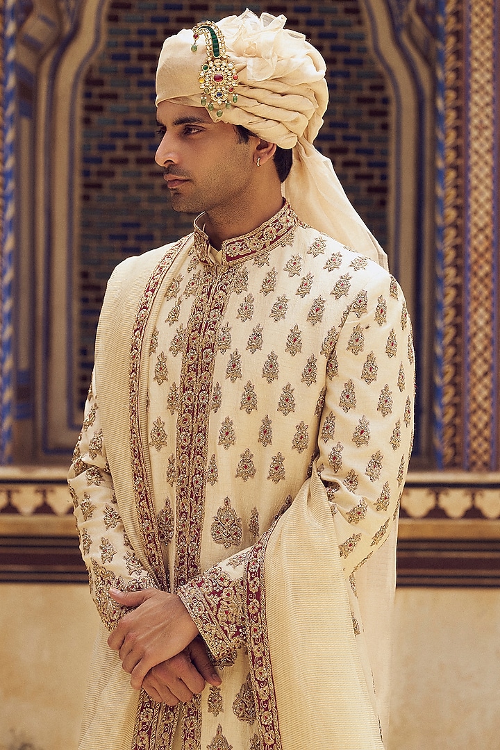 Light Beige Raw Silk Applique & Zardosi Embroidered Groom Sherwani Set by NITIKA GUJRAL MEN at Pernia's Pop Up Shop