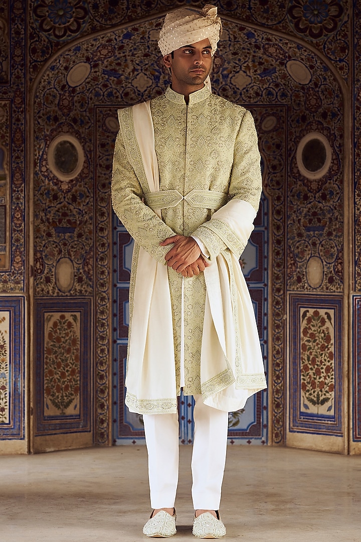 Mint Green Raw Silk Resham & Bead Embroidered Sherwani Set by NITIKA GUJRAL MEN