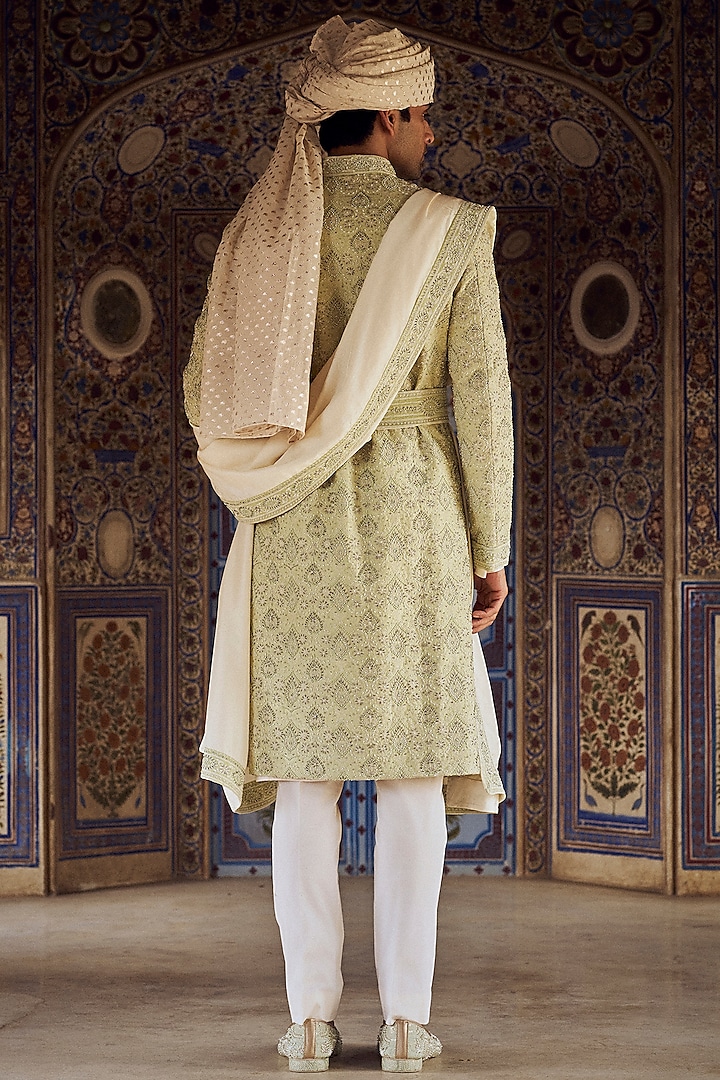 Mint Green Raw Silk Resham & Bead Embroidered Groom Sherwani Set by NITIKA GUJRAL MEN at Pernia's Pop Up Shop