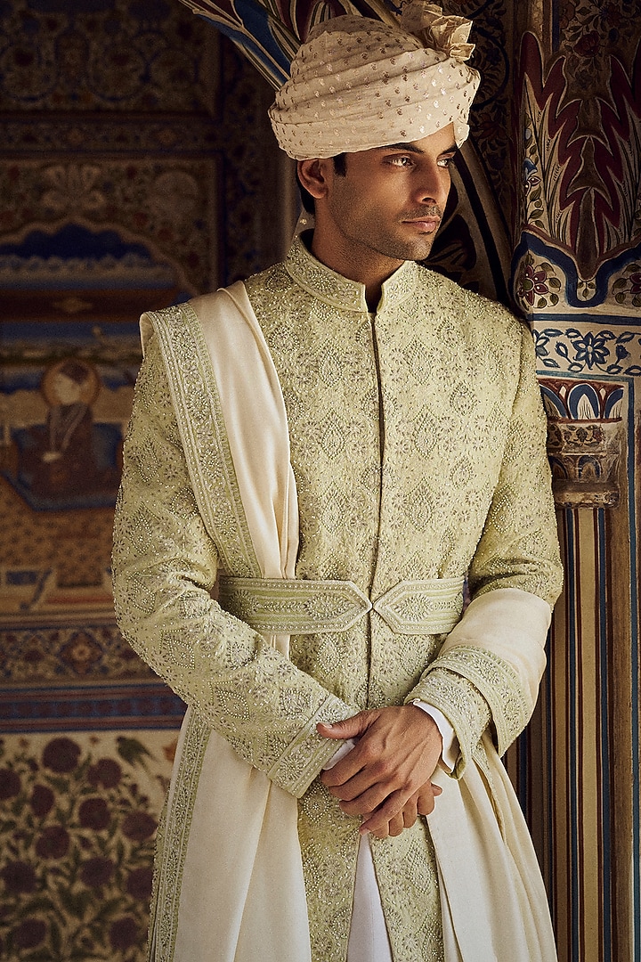 Mint Green Raw Silk Resham & Bead Embroidered Groom Sherwani Set by NITIKA GUJRAL MEN at Pernia's Pop Up Shop