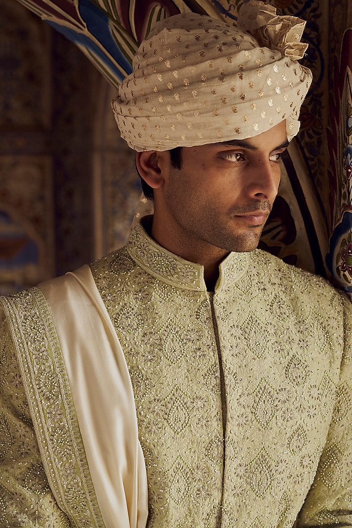 Mint Green Raw Silk Resham & Bead Embroidered Groom Sherwani Set by NITIKA GUJRAL MEN at Pernia's Pop Up Shop