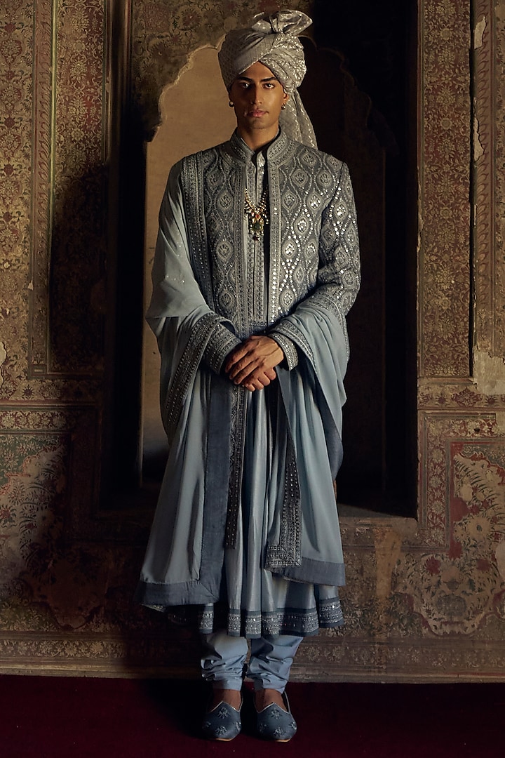 Grey Raw Silk Patra Work & Resham Embroidered Groom Sherwani Set by NITIKA GUJRAL MEN at Pernia's Pop Up Shop