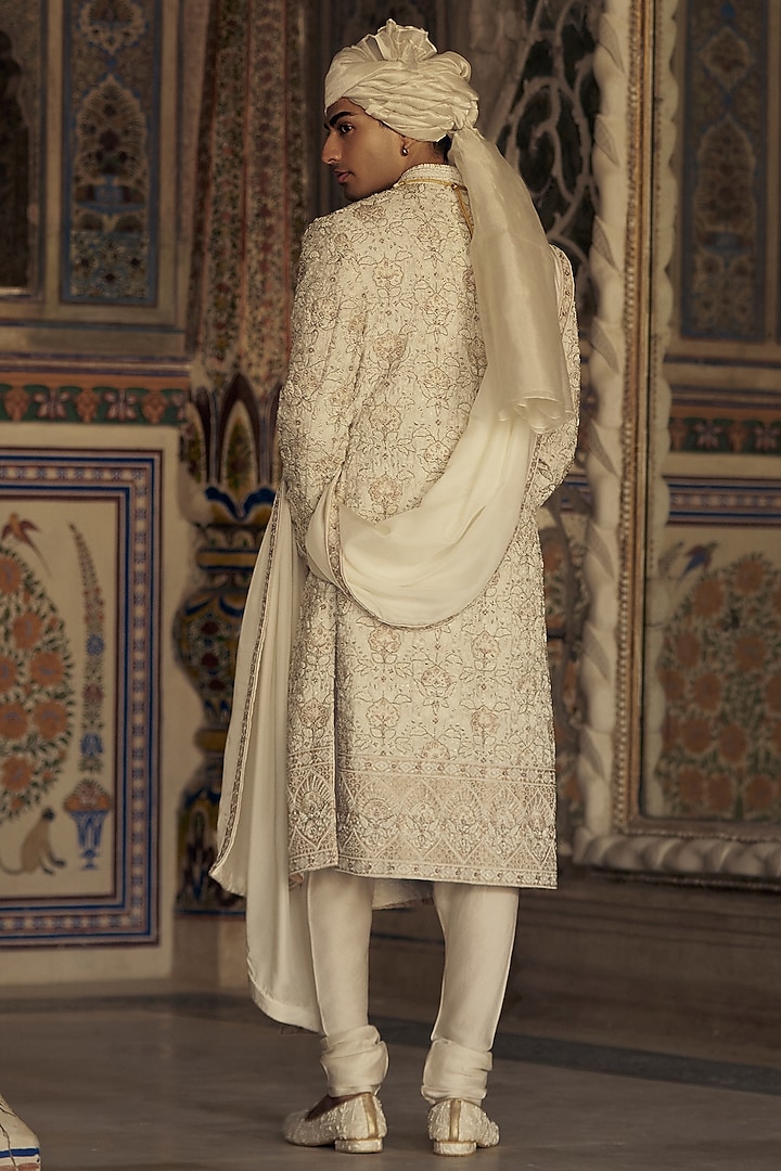 Ivory & Beige Raw Silk Dabka & Crystal Embroidered Groom Sherwani Set by NITIKA GUJRAL MEN at Pernia's Pop Up Shop