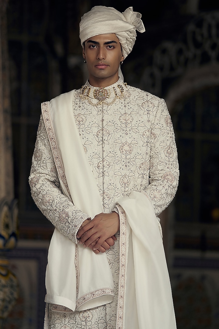 Ivory & Beige Raw Silk Dabka & Crystal Embroidered Groom Sherwani Set by NITIKA GUJRAL MEN at Pernia's Pop Up Shop