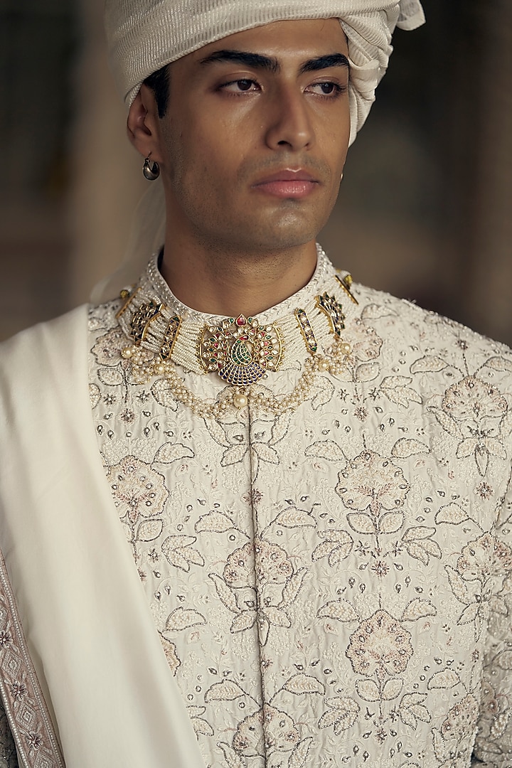 Ivory & Beige Raw Silk Dabka & Crystal Embroidered Groom Sherwani Set by NITIKA GUJRAL MEN at Pernia's Pop Up Shop