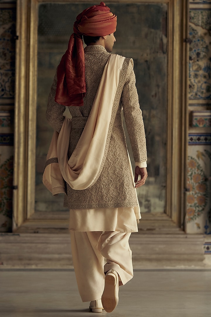 Mocca Raw Silk Dabka & Crystal Embroidered Groom Sherwani Set by NITIKA GUJRAL MEN at Pernia's Pop Up Shop