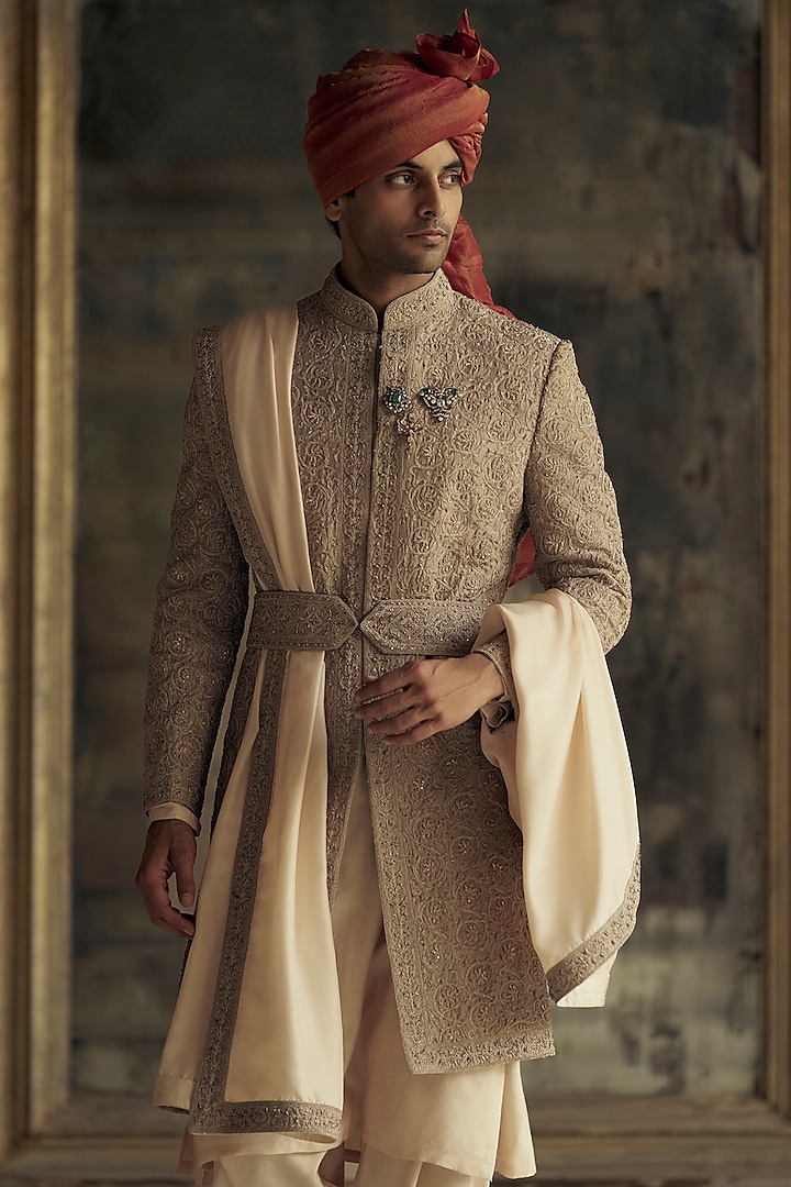 Mocca Raw Silk Dabka & Crystal Embroidered Groom Sherwani Set by NITIKA GUJRAL MEN at Pernia's Pop Up Shop