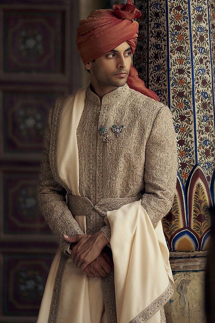 Mocca Raw Silk Dabka & Crystal Embroidered Groom Sherwani Set by NITIKA GUJRAL MEN at Pernia's Pop Up Shop