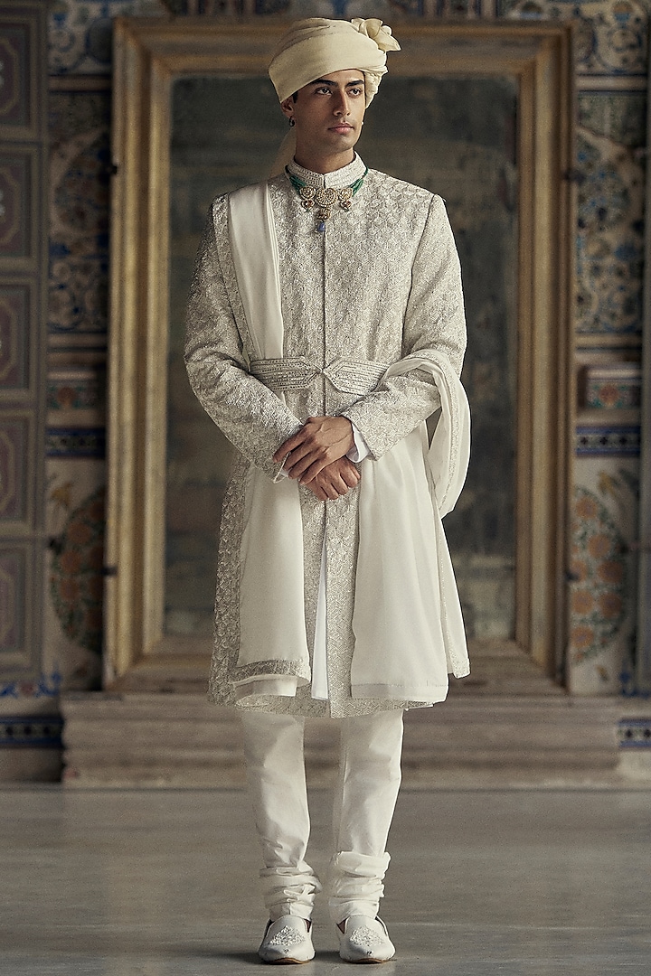 Ivory Raw Silk Dabka & Sequins Embroidered Groom Sherwani Set by NITIKA GUJRAL MEN at Pernia's Pop Up Shop