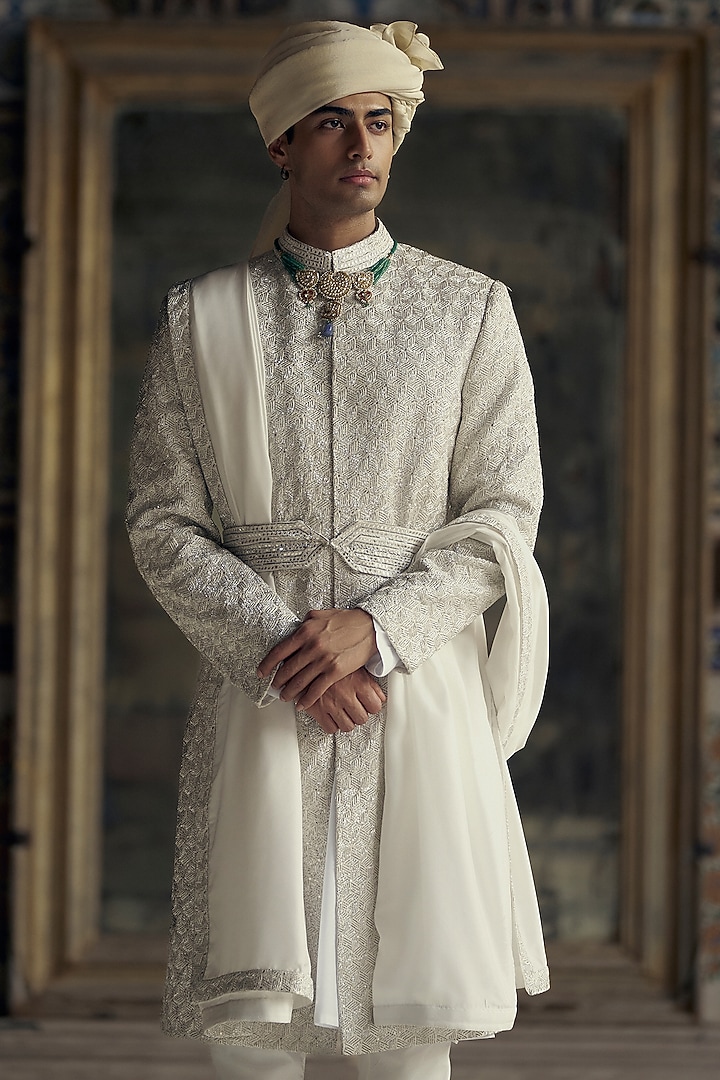 Ivory Raw Silk Dabka & Sequins Embroidered Groom Sherwani Set by NITIKA GUJRAL MEN at Pernia's Pop Up Shop