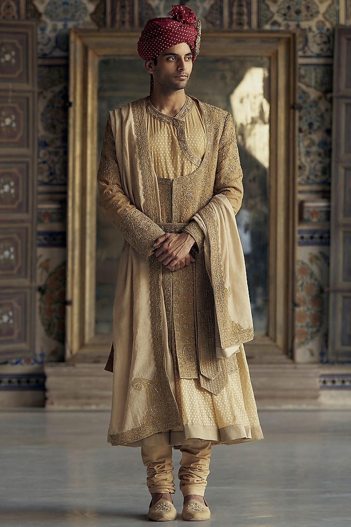 Gold Matka Silk Angrakha Groom Sherwani Set by NITIKA GUJRAL MEN at Pernia's Pop Up Shop