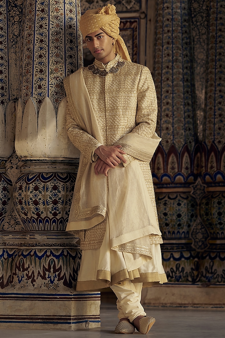 Gold Brocade Bead & Dabka Embroidered Groom Sherwani Set by NITIKA GUJRAL MEN at Pernia's Pop Up Shop