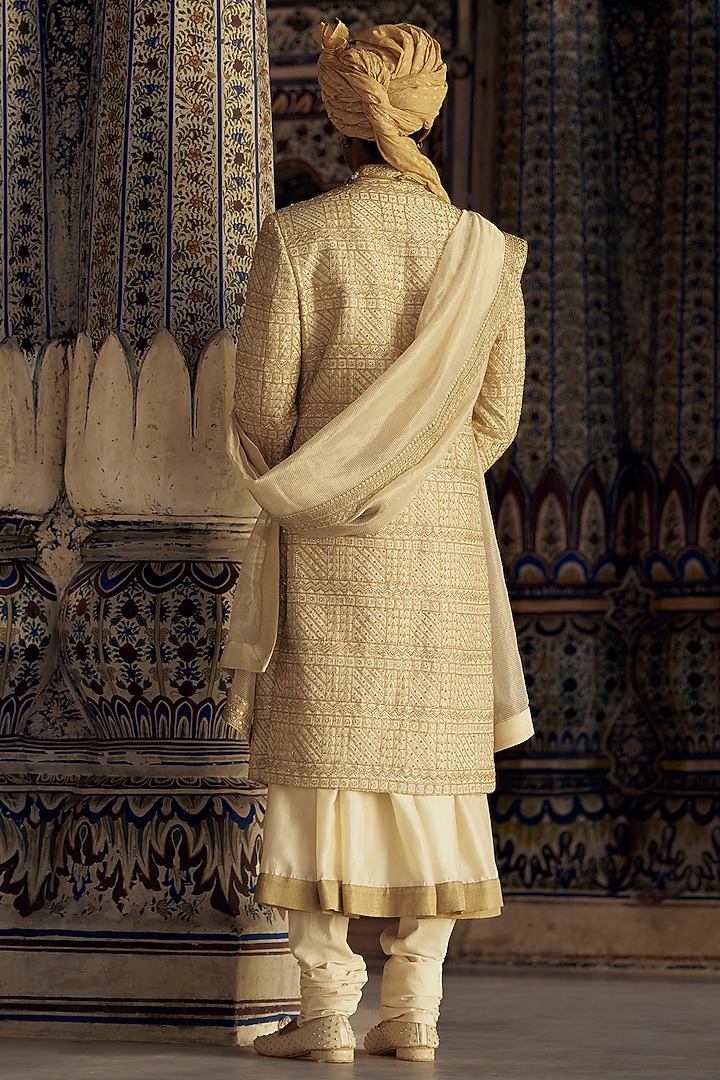 Gold Brocade Bead & Dabka Embroidered Groom Sherwani Set by NITIKA GUJRAL MEN at Pernia's Pop Up Shop