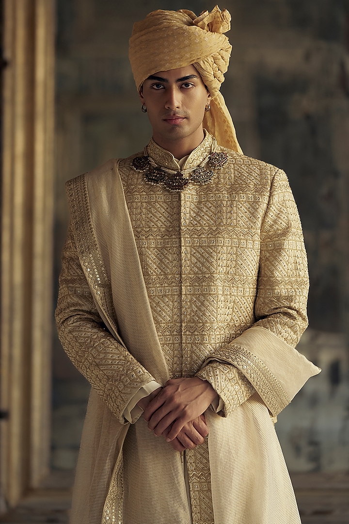 Gold Brocade Bead & Dabka Embroidered Groom Sherwani Set by NITIKA GUJRAL MEN at Pernia's Pop Up Shop