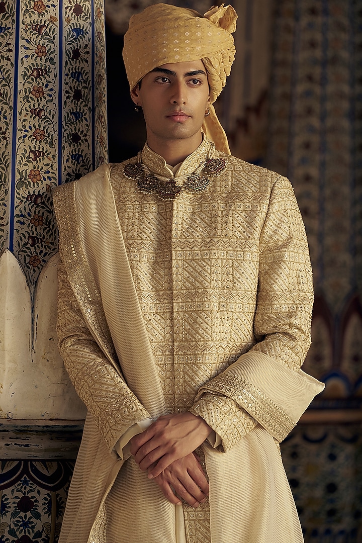 Gold Brocade Bead & Dabka Embroidered Groom Sherwani Set by NITIKA GUJRAL MEN at Pernia's Pop Up Shop