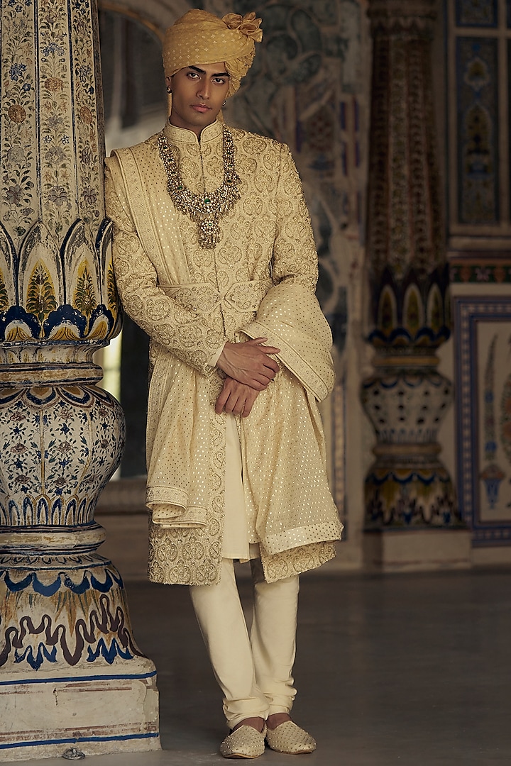 Gold Cotton Silk Bead & Dabka Embroidered Sherwani Set by NITIKA GUJRAL MEN