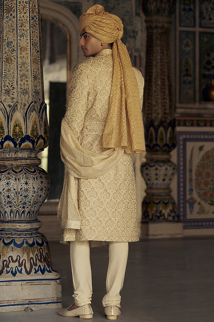 Gold Cotton Silk Bead & Dabka Embroidered Groom Sherwani Set by NITIKA GUJRAL MEN at Pernia's Pop Up Shop