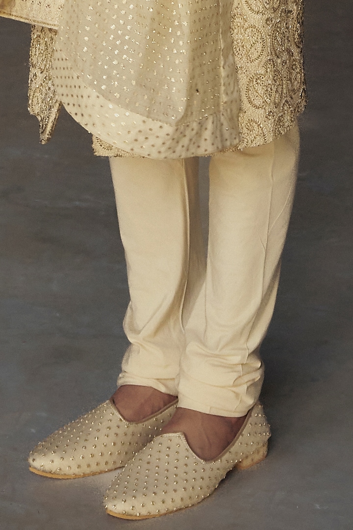 Gold Cotton Silk Bead & Dabka Embroidered Groom Sherwani Set by NITIKA GUJRAL MEN at Pernia's Pop Up Shop