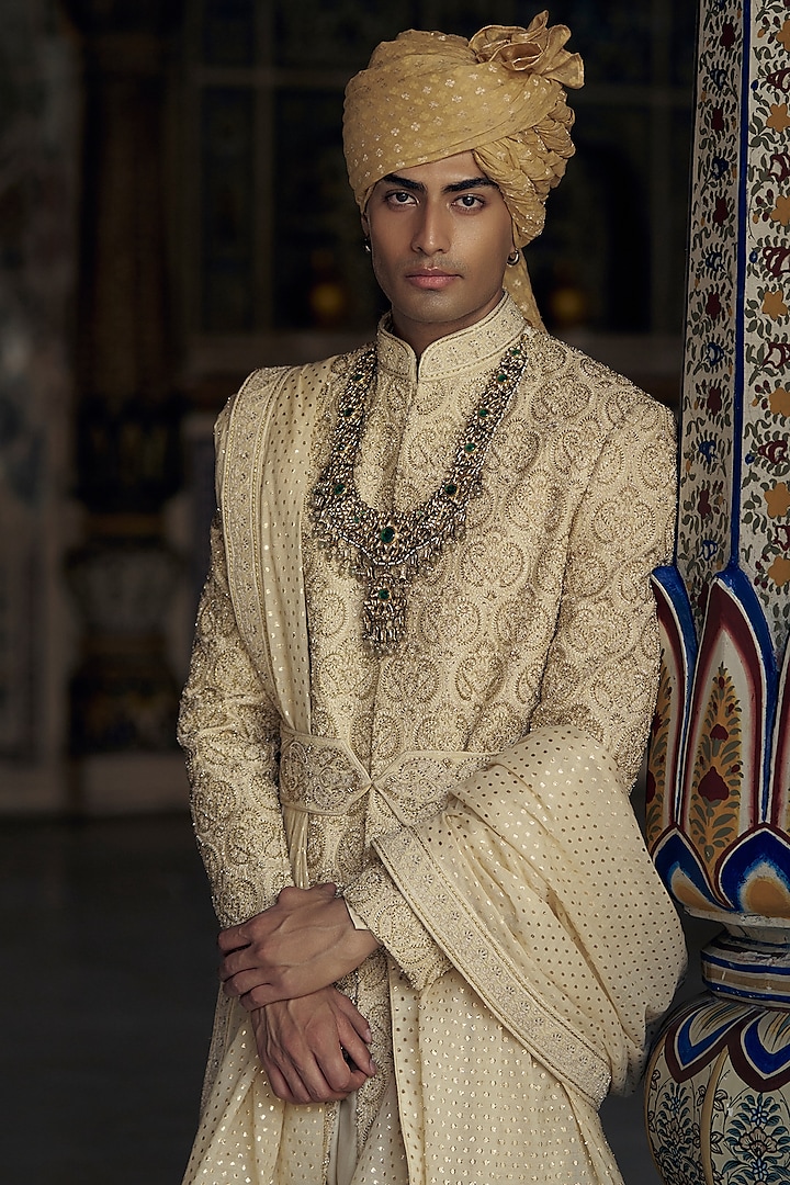 Gold Cotton Silk Bead & Dabka Embroidered Groom Sherwani Set by NITIKA GUJRAL MEN at Pernia's Pop Up Shop