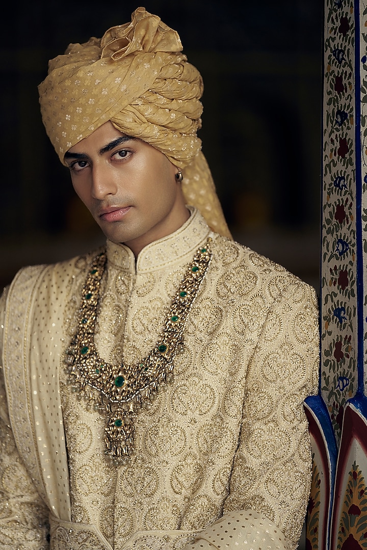 Gold Cotton Silk Bead & Dabka Embroidered Groom Sherwani Set by NITIKA GUJRAL MEN at Pernia's Pop Up Shop