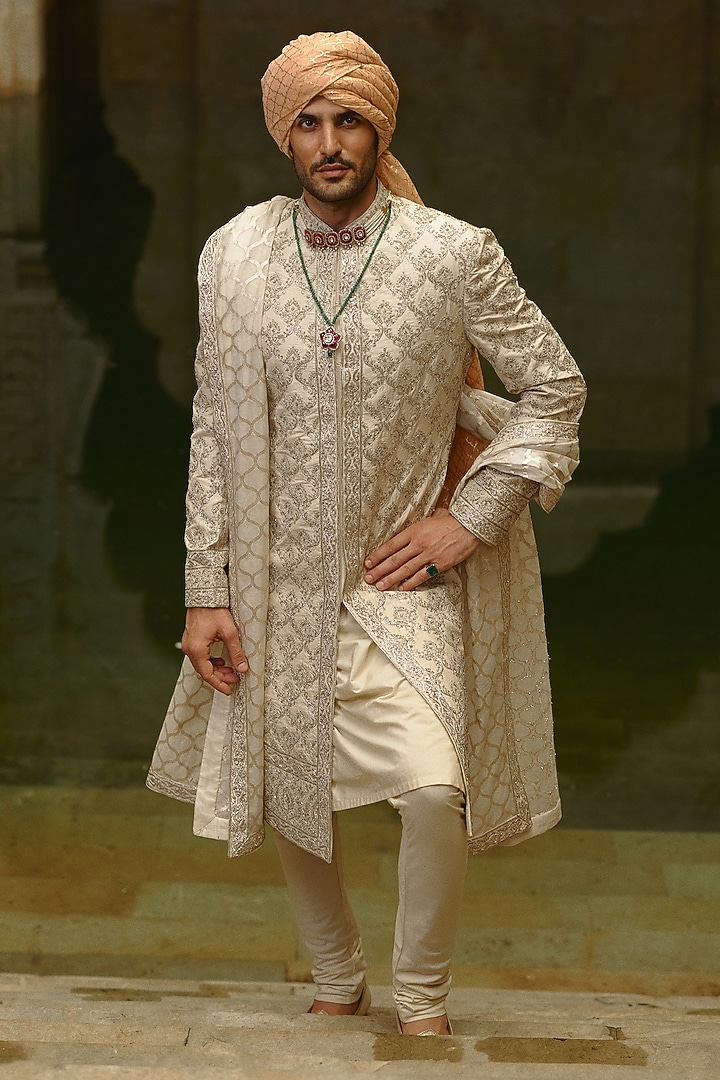 Ivory Taffeta Silk & Tissue Dabka Embroidered Groom Sherwani Set by NITIKA GUJRAL MEN at Pernia's Pop Up Shop