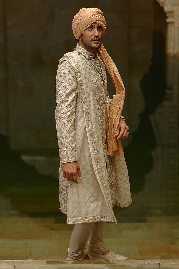 Ivory Taffeta Silk & Tissue Dabka Embroidered Groom Sherwani Set by NITIKA GUJRAL MEN at Pernia's Pop Up Shop