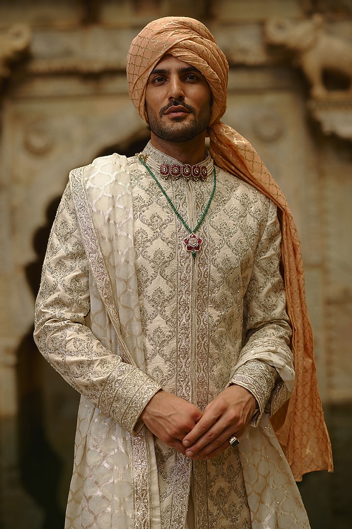 Ivory Taffeta Silk & Tissue Dabka Embroidered Groom Sherwani Set by NITIKA GUJRAL MEN at Pernia's Pop Up Shop