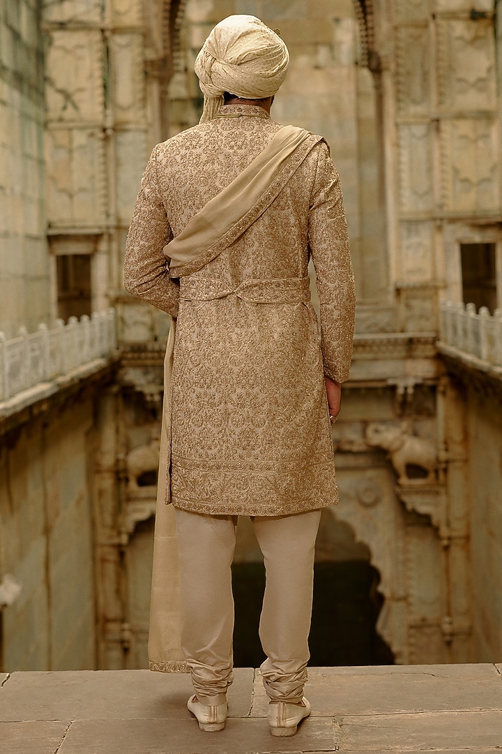 Gold Raw Silk & Tissue Dabka Embroidered Groom Sherwani Set by NITIKA GUJRAL MEN at Pernia's Pop Up Shop