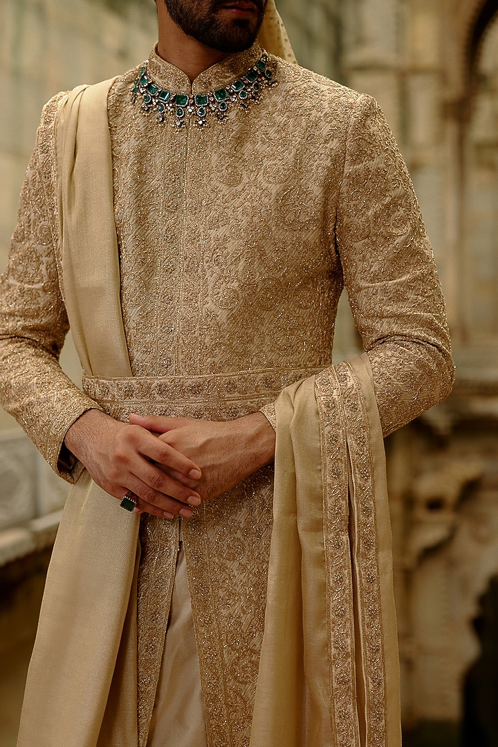Gold Raw Silk & Tissue Dabka Embroidered Groom Sherwani Set by NITIKA GUJRAL MEN at Pernia's Pop Up Shop