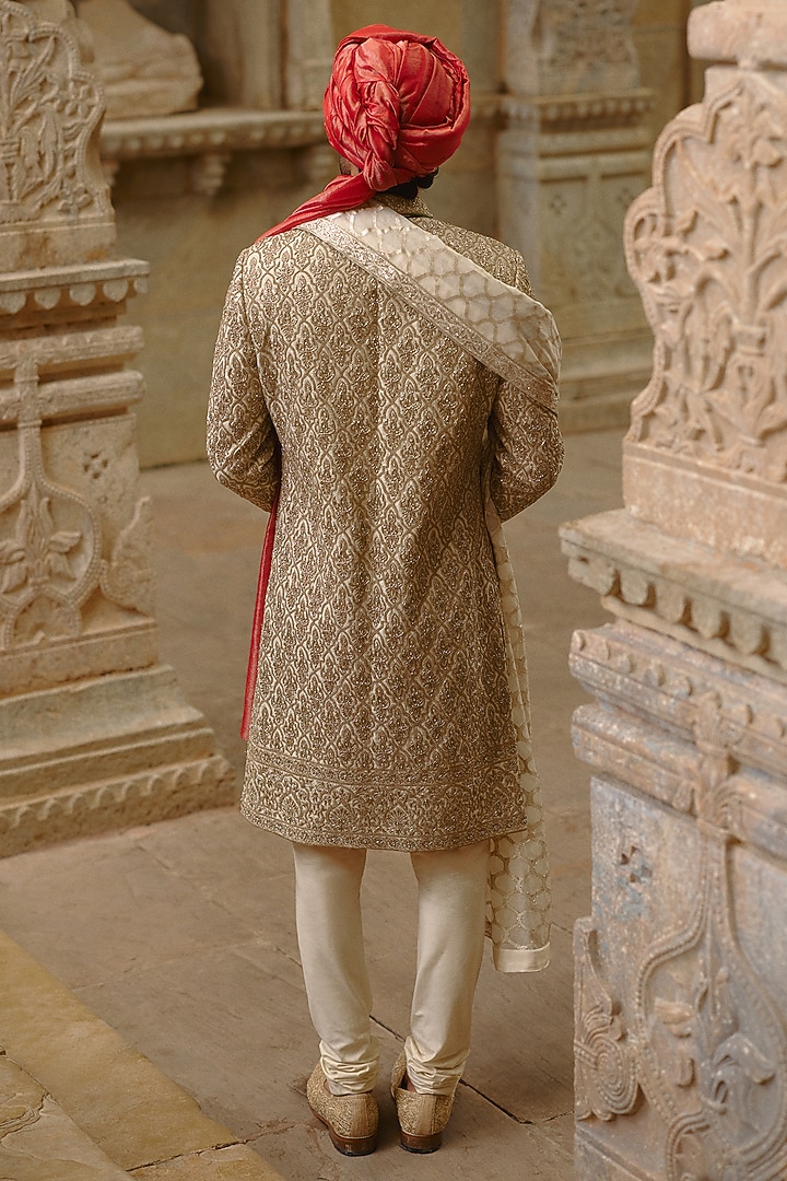 Gold Brocade & Tissue Chanderi Dabka Embroidered Groom Sherwani Set by NITIKA GUJRAL MEN at Pernia's Pop Up Shop