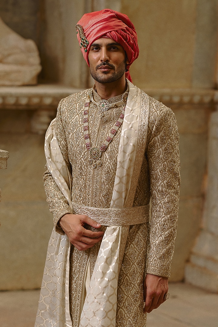 Gold Brocade & Tissue Chanderi Dabka Embroidered Groom Sherwani Set by NITIKA GUJRAL MEN at Pernia's Pop Up Shop