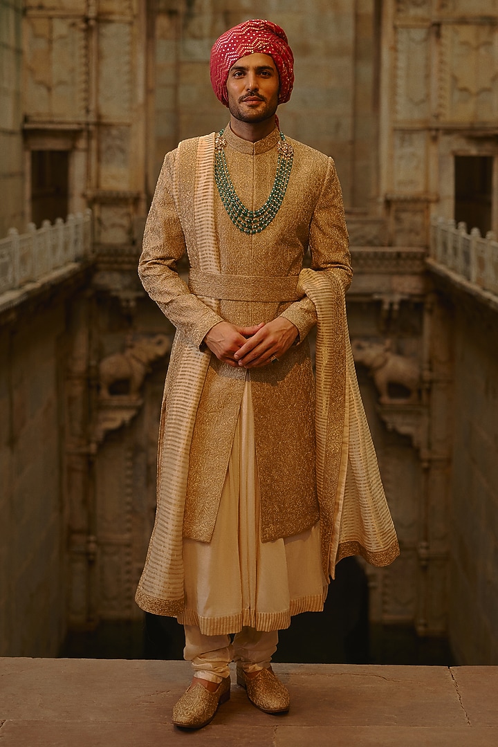 Salmon-Colored Matka Silk Zari Embroidered Sherwani Set by NITIKA GUJRAL MEN