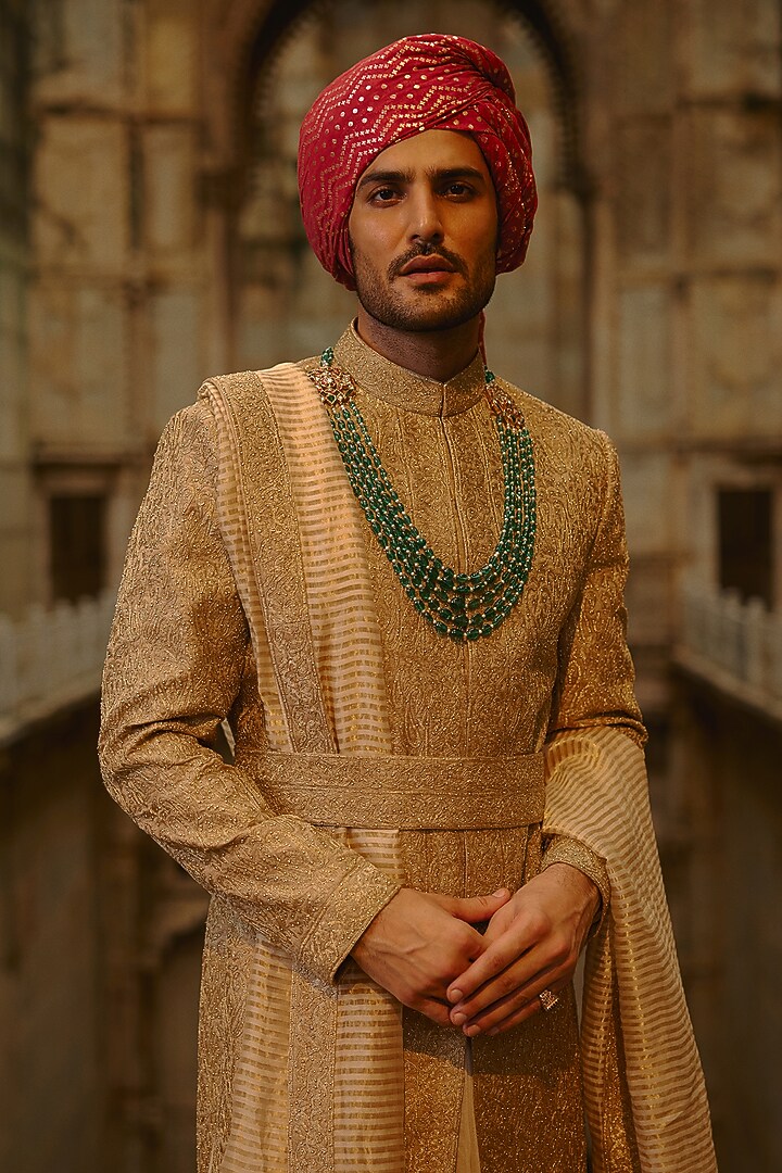 Salmon-Colored Matka Silk Zari Embroidered Groom Sherwani Set by NITIKA GUJRAL MEN at Pernia's Pop Up Shop