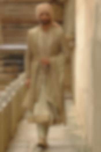 Olive Green Raw Silk Angrakha-Style Sherwani Set by NITIKA GUJRAL MEN