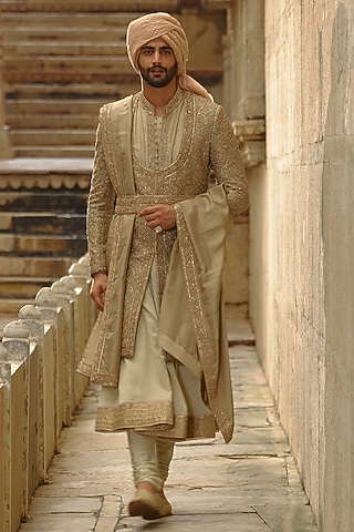 Olive Green Raw Silk Angrakha-Style Sherwani Set by NITIKA GUJRAL MEN