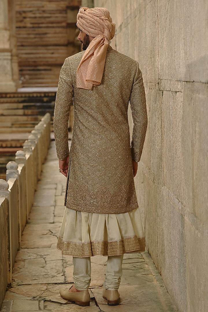 Olive Green Raw Silk Angrakha-Style Groom Sherwani Set by NITIKA GUJRAL MEN at Pernia's Pop Up Shop