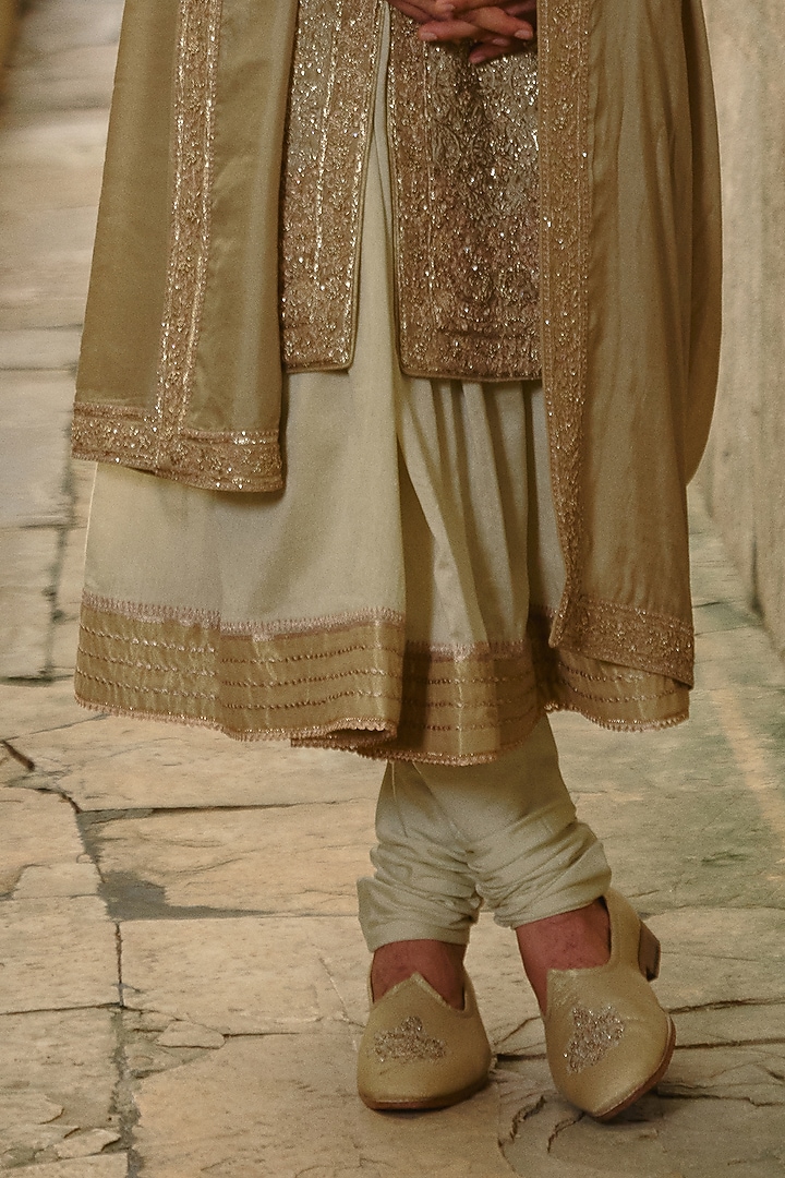 Olive Green Raw Silk Angrakha-Style Groom Sherwani Set by NITIKA GUJRAL MEN at Pernia's Pop Up Shop