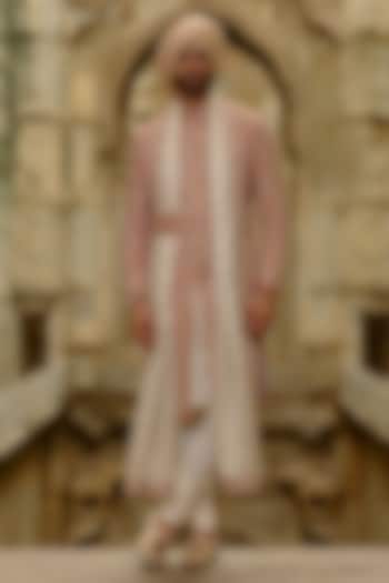 Salmon Pink Matka Silk Resham Embroidered Sherwani Set by NITIKA GUJRAL MEN