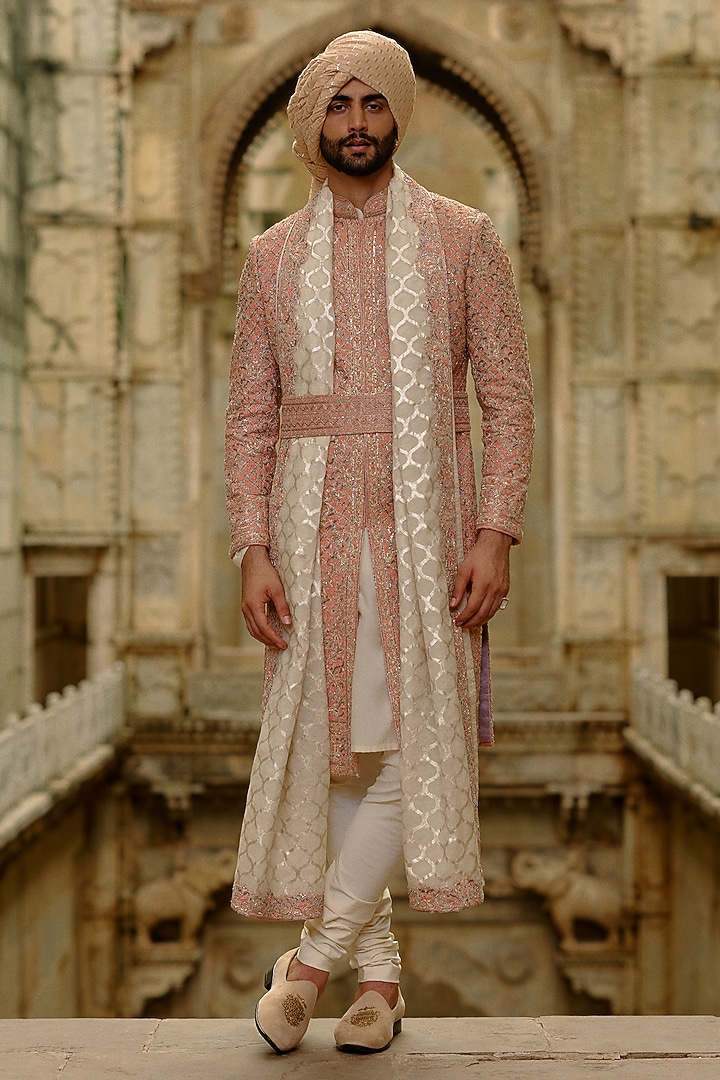 Salmon Pink Matka Silk Resham Embroidered Sherwani Set by NITIKA GUJRAL MEN