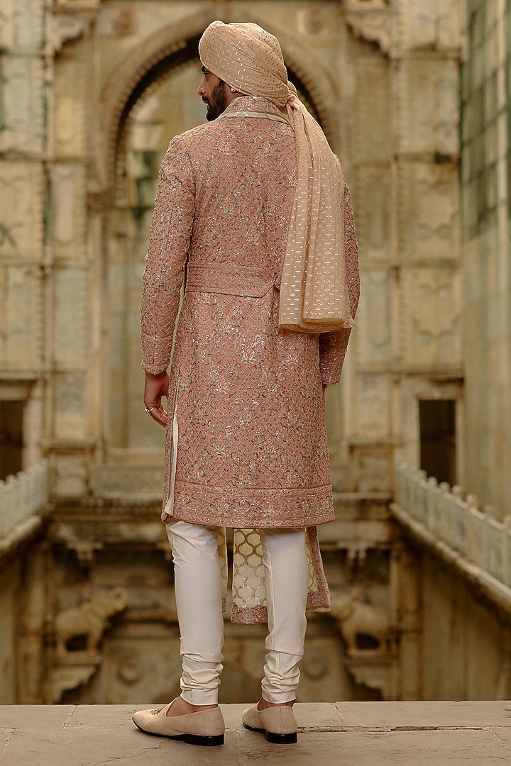 Salmon Pink Matka Silk Resham Embroidered Groom Sherwani Set by NITIKA GUJRAL MEN at Pernia's Pop Up Shop