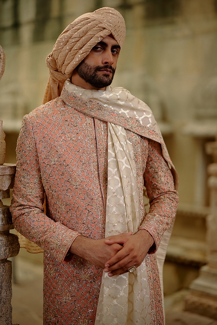 Salmon Pink Matka Silk Resham Embroidered Groom Sherwani Set by NITIKA GUJRAL MEN at Pernia's Pop Up Shop